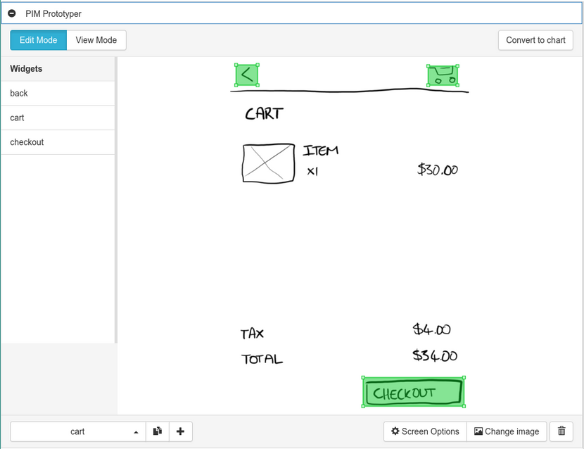 Screenshot showing a roughly drawn user interface with rectangular "hot spots" drawn over clickable areas